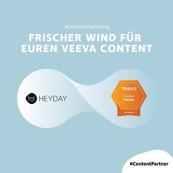 Bild: das heyday Logo ist mit der Veeva Content Partner Plakette verbunden