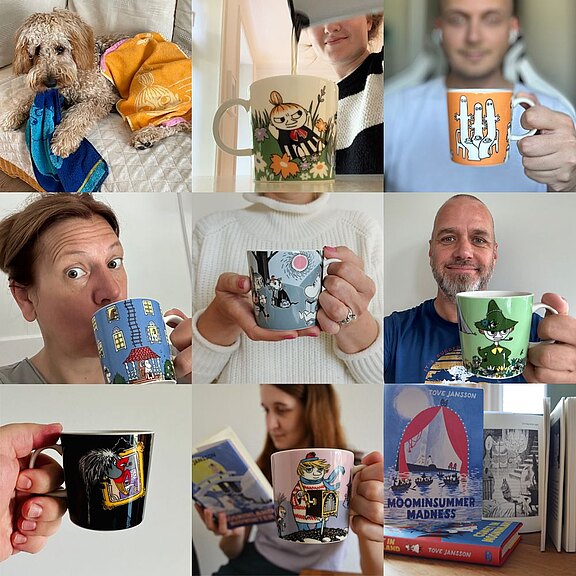 Bildcollage: Mitglieder des heyday-Teams zeigen ihre Mumin-Tasse