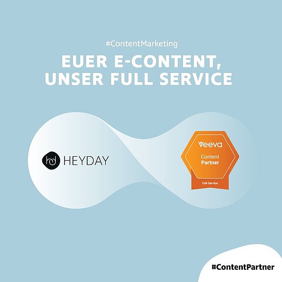 Bild: das heyday Logo ist mit der Veeva Content Partner Plakette verbunden