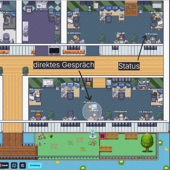 Ansicht der virtuellen Büroräume im WorkAdventure