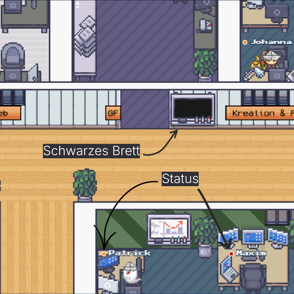 Ansicht virtueller Büroflur mit schwarzem Brett